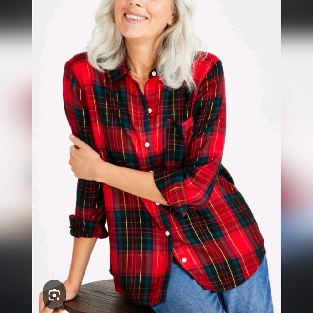 Style & Co. Butron Front Plaid Festive Blouse Small Petite NWT